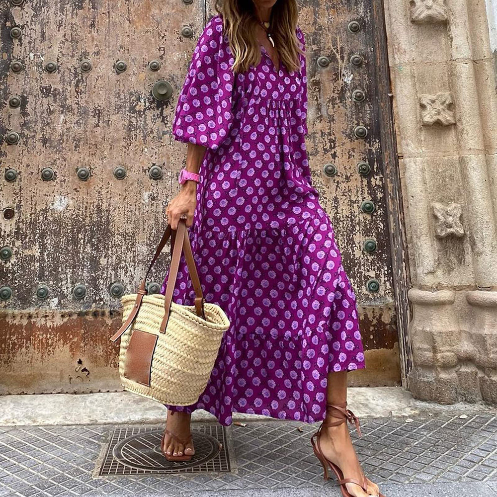 Alana Bohemian Floral Puff Long Swing Dress Dresses Claire & Clara Purple-1 S