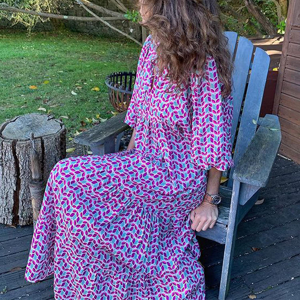 Alana Bohemian Floral Puff Long Swing Dress Dresses Claire & Clara Purple-2 S