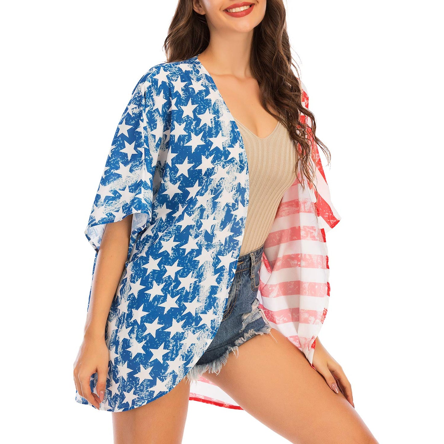 American Flag Print Half Sleeve Casual Cover-up Top Claire & Clara