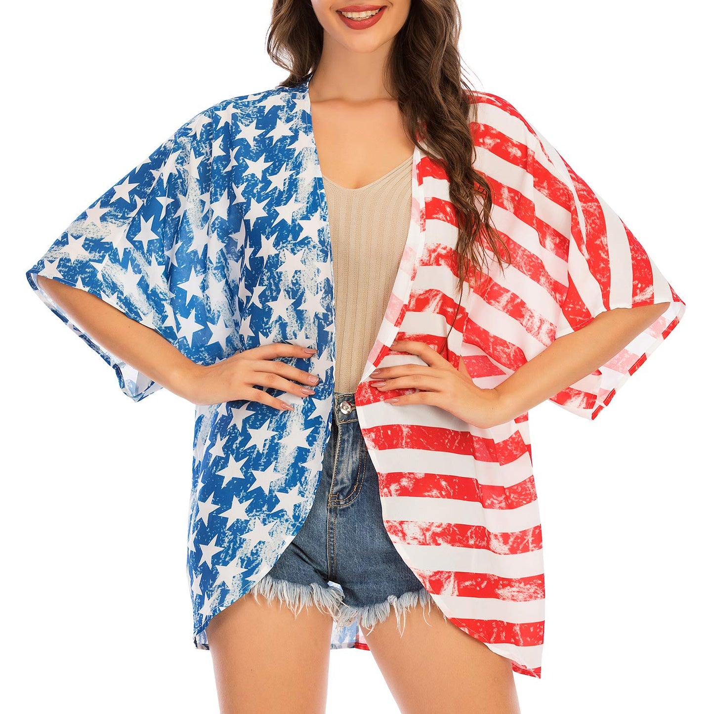 American Flag Print Half Sleeve Casual Cover-up Top Claire & Clara