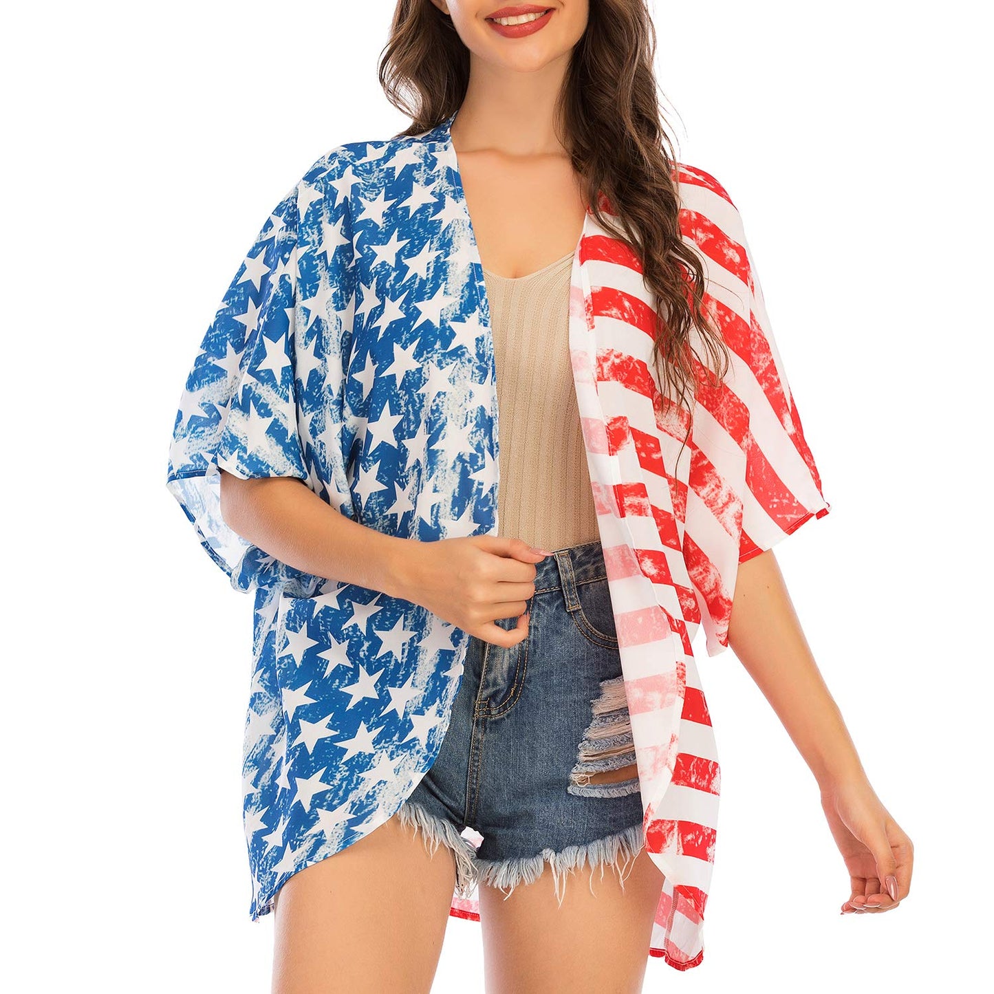 American Flag Print Half Sleeve Casual Cover-up Top Claire & Clara S
