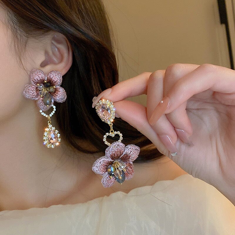 Asymmetric Diamond Drop Crystal Flower Earrings Earrings Claire & Clara