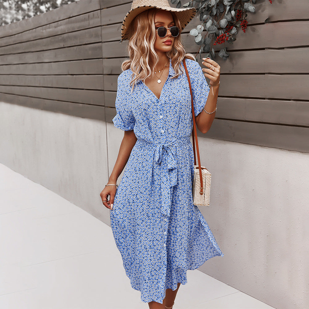 Aubrey Casual Floral Button Bandage Dresses Dresses Claire & Clara Blue S