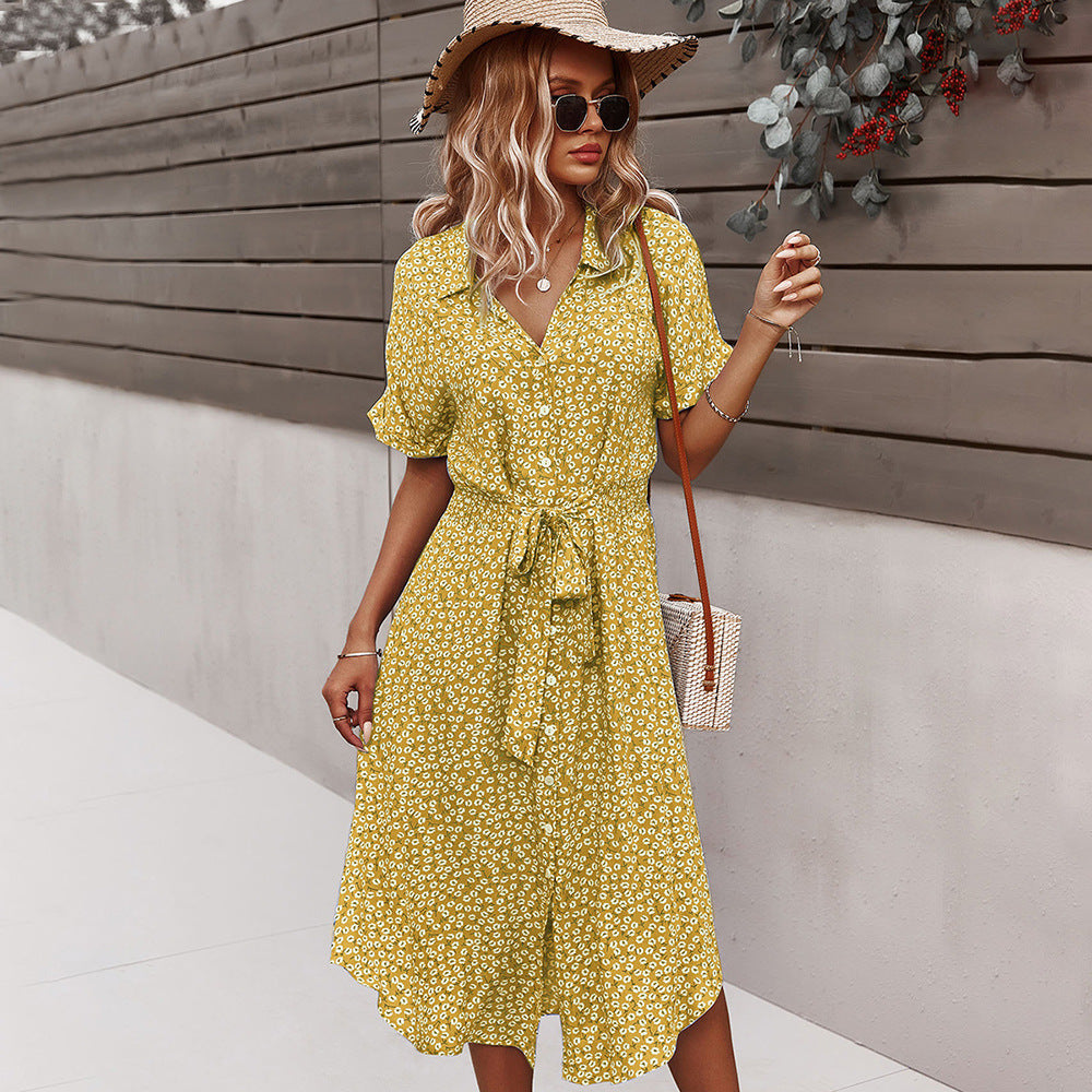 Aubrey Casual Floral Button Bandage Dresses Dresses Claire & Clara Yellow S
