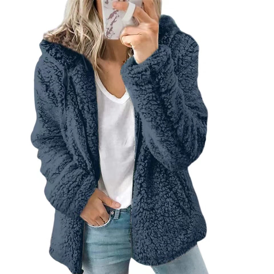 Basic Plush Solid Color Casual Hoodie Outerwear Claire & Clara Blue S