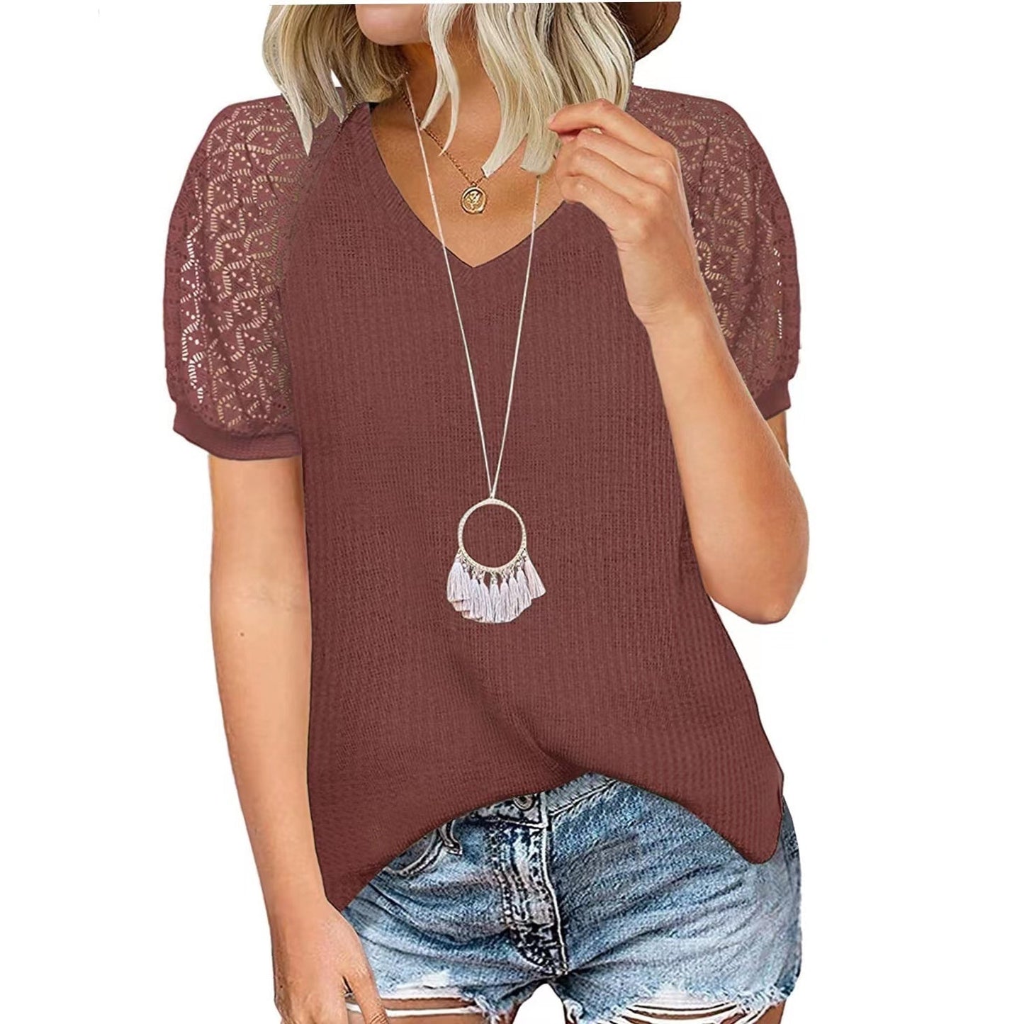 Becky Lace Sleeve Summer Top Top Claire & Clara Brick Red S
