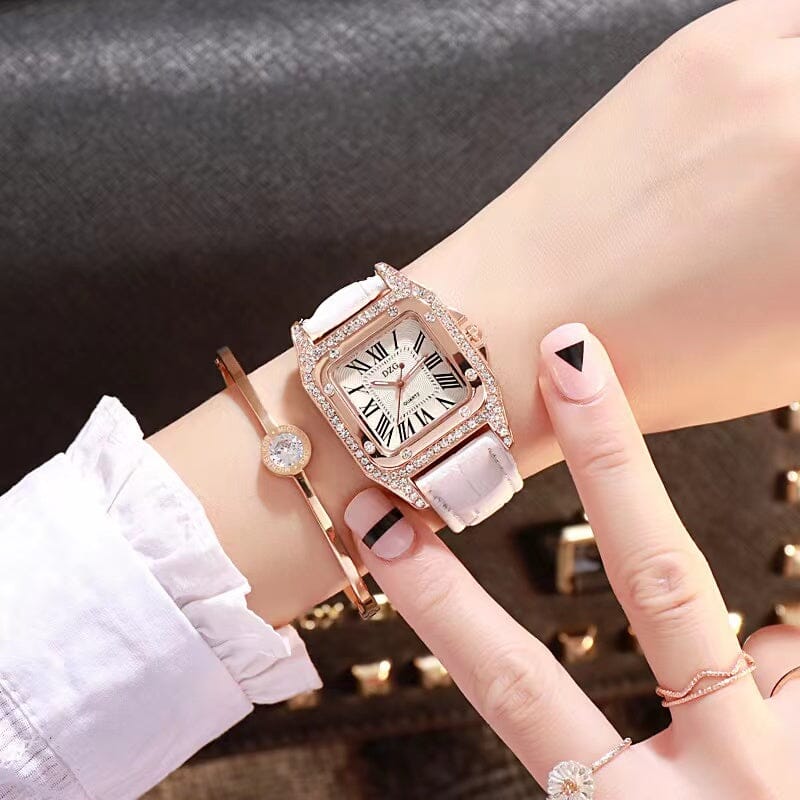 Carol Square Rhinestone Casual Starry Quartz Watch Watches Claire & Clara White