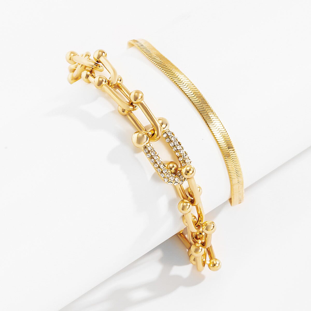 Diamond U-shaped Buckle Metal Flat Snake Chain Bracelet Set Bracelet Claire & Clara Gold