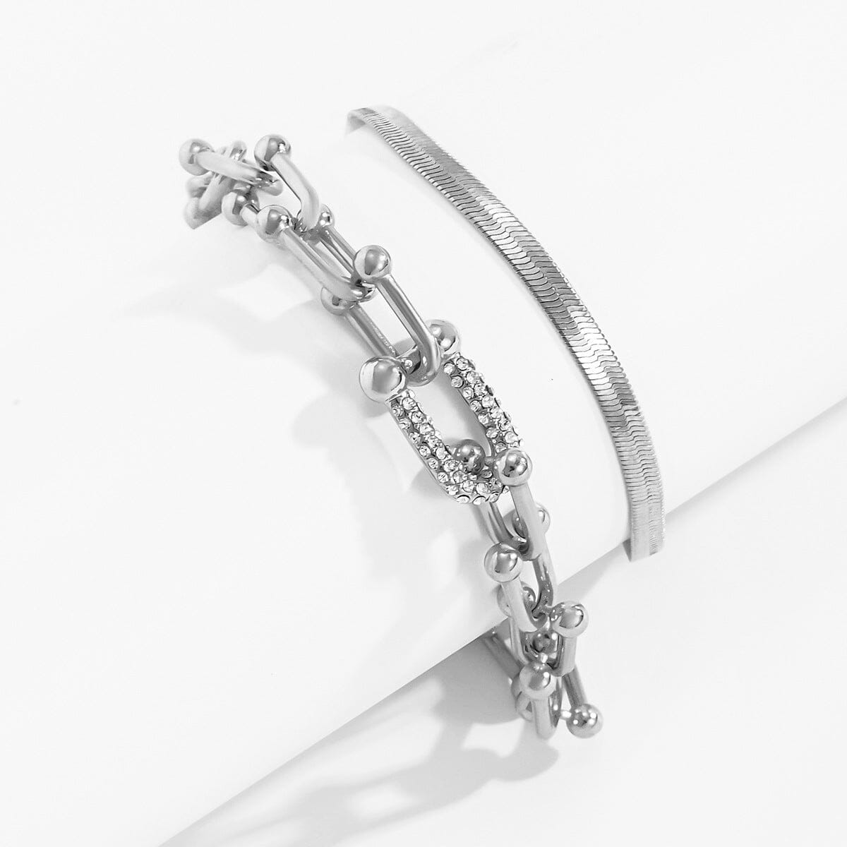 Diamond U-shaped Buckle Metal Flat Snake Chain Bracelet Set Bracelet Claire & Clara Silver