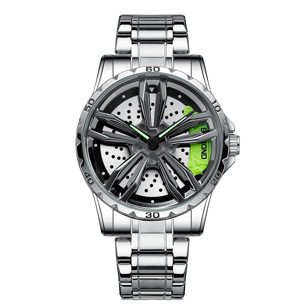 DRIVE Spinning Wheel Hub Conceptual Watch Watches Claire & Clara Lamborghini Green Silver Wheel Hub