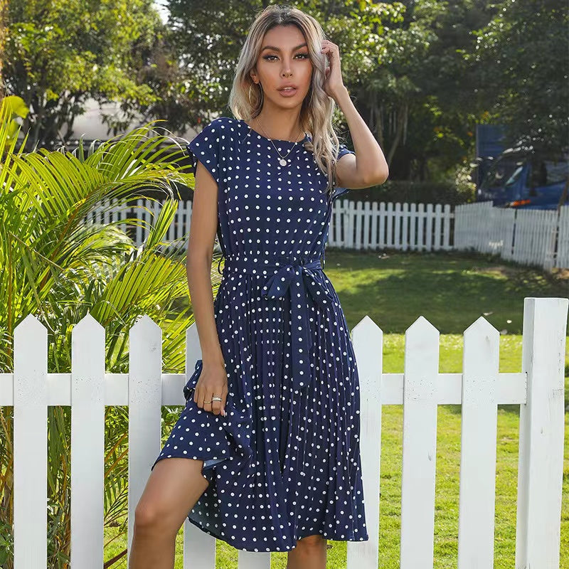 Elsie Polka Dots Lace-up Pleated Dress Dresses Claire & Clara Blue S