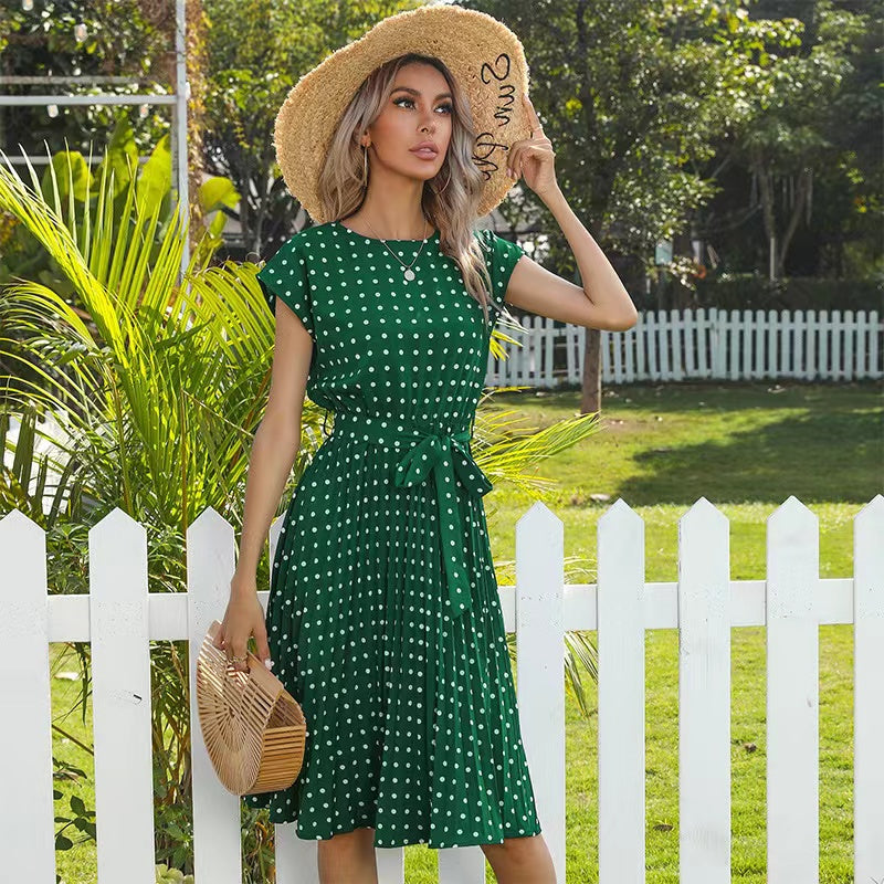 Elsie Polka Dots Lace-up Pleated Dress Dresses Claire & Clara Green S