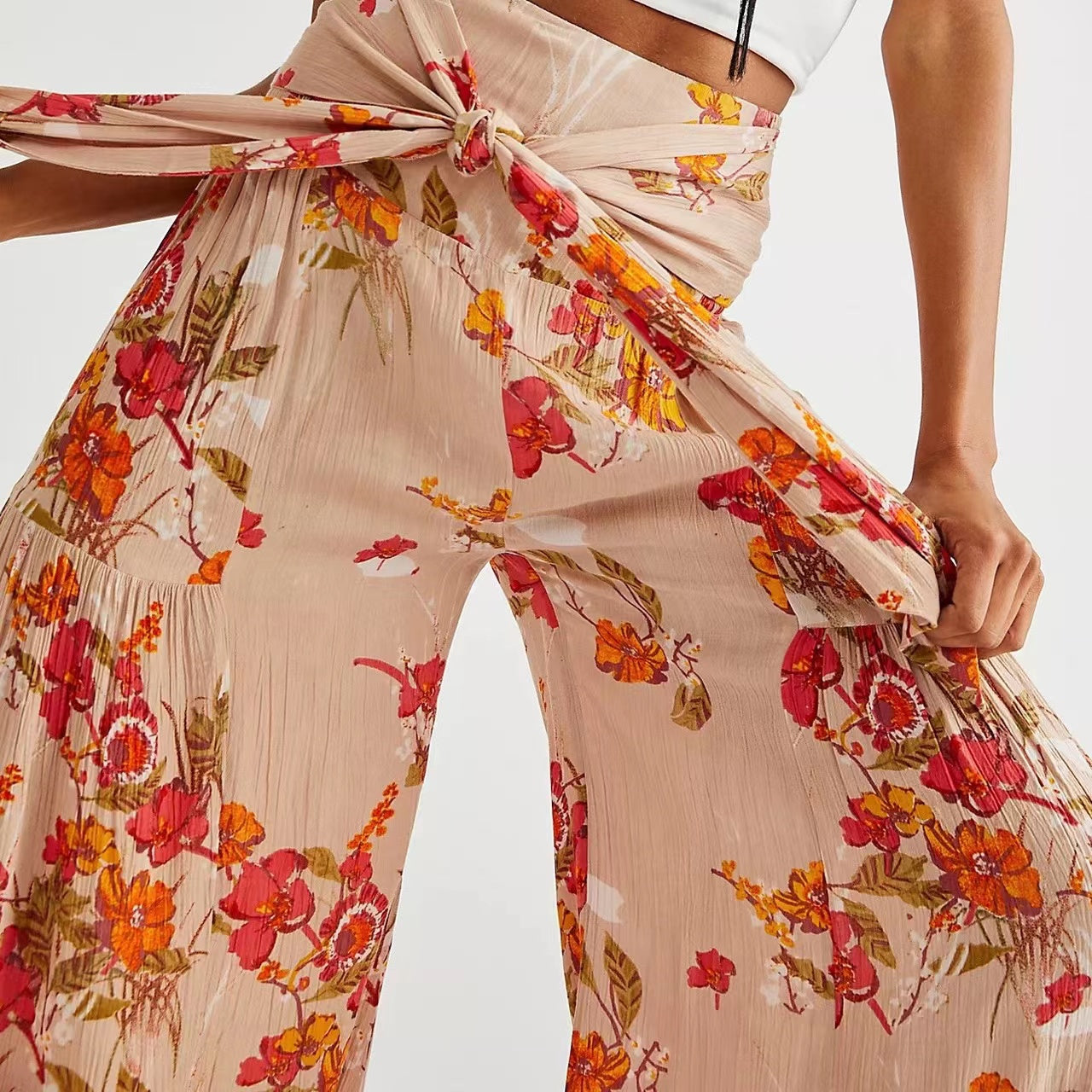 Floral Lace-up Casual Wide Leg Pants Bottoms Claire & Clara Style 10 S