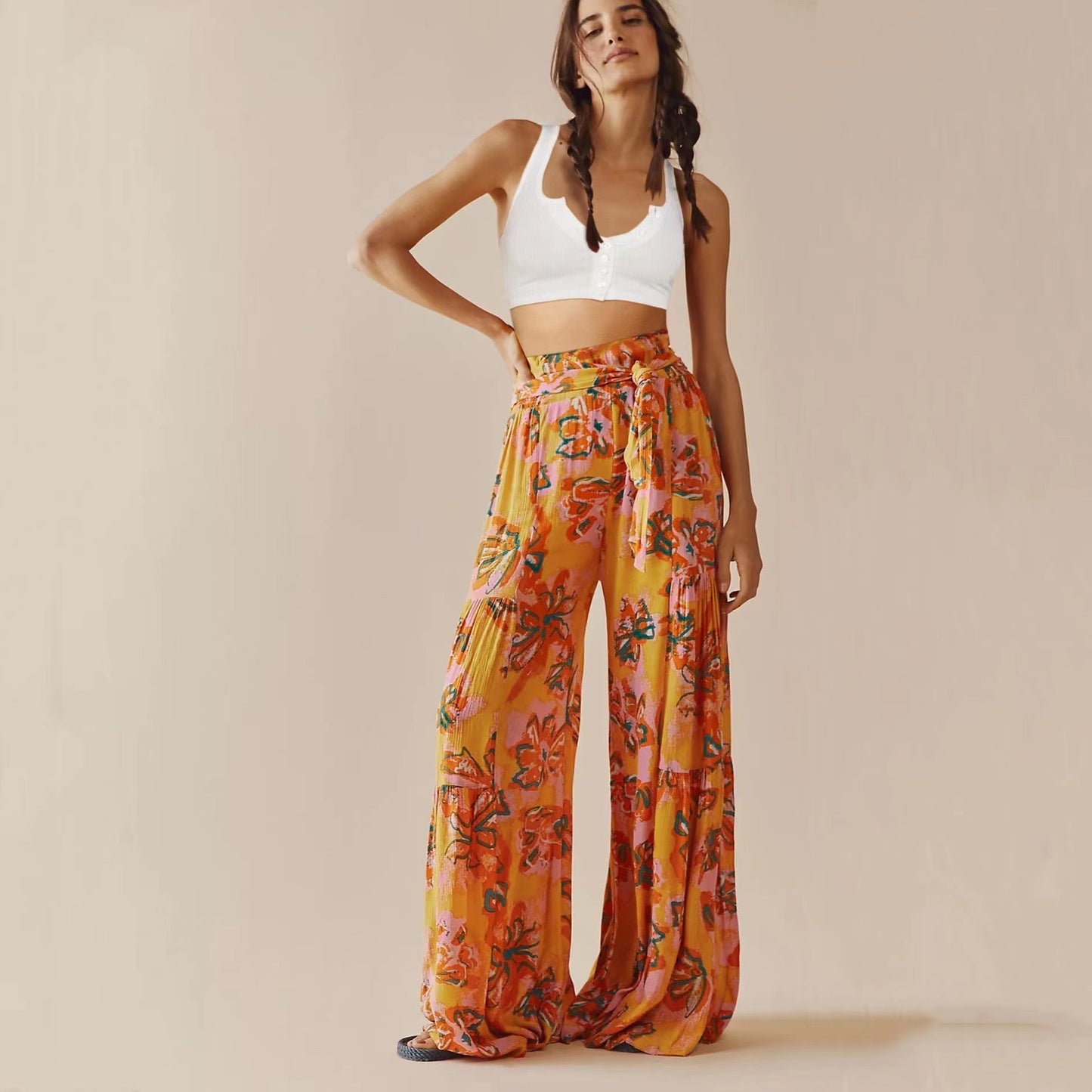 Floral Lace-up Casual Wide Leg Pants Bottoms Claire & Clara Style 17 S