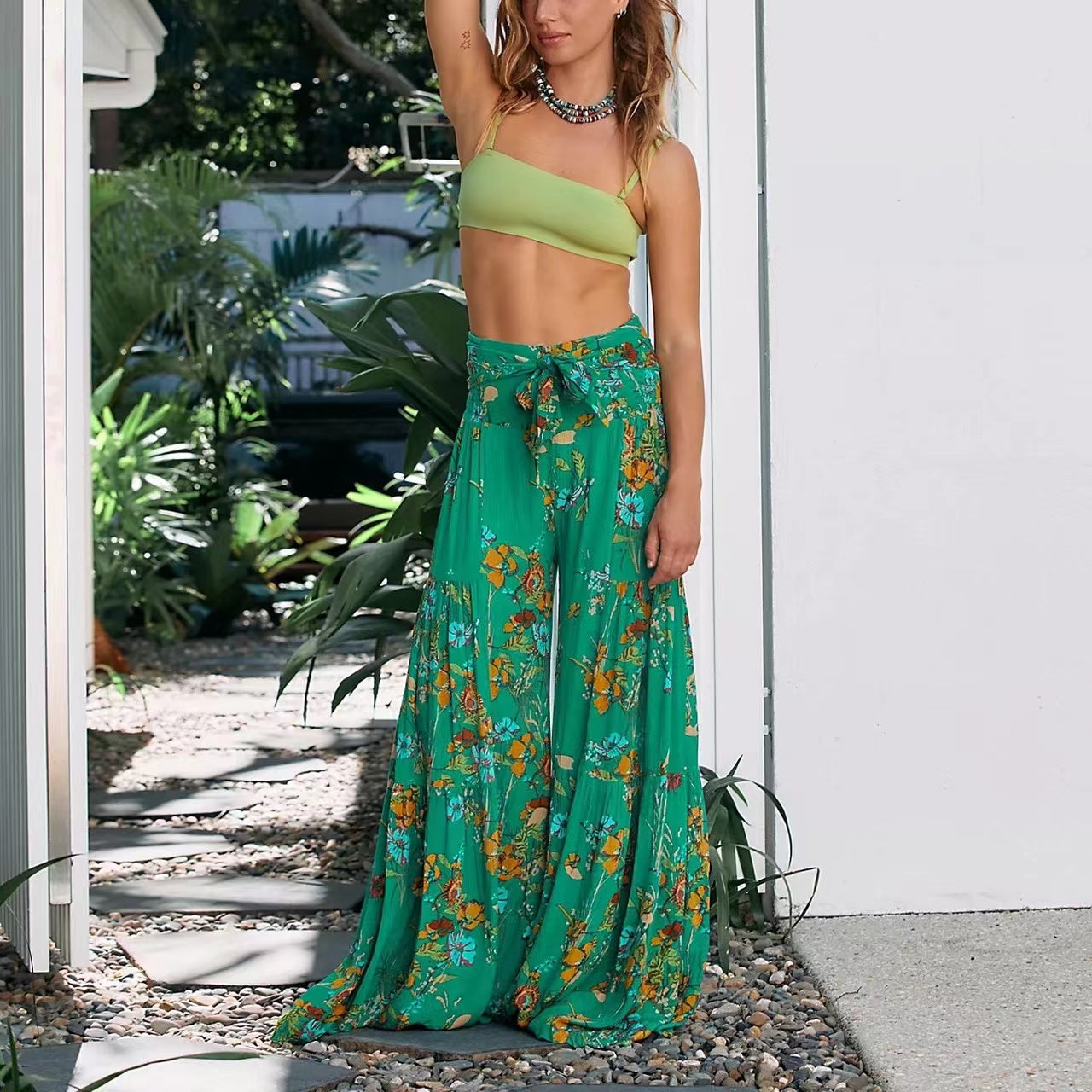Floral Lace-up Casual Wide Leg Pants Bottoms Claire & Clara Style 9 S