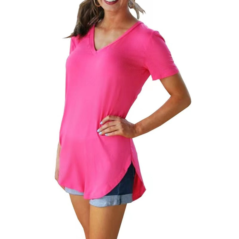 Hanna Basic Solid V-Neck Curved Hem Top Top Claire & Clara Hot Pink US 4