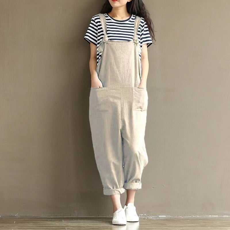 Hazel Loose Knot Tie Cotton Linen Vintage Overalls Bottoms Claire & Clara Beige US 4
