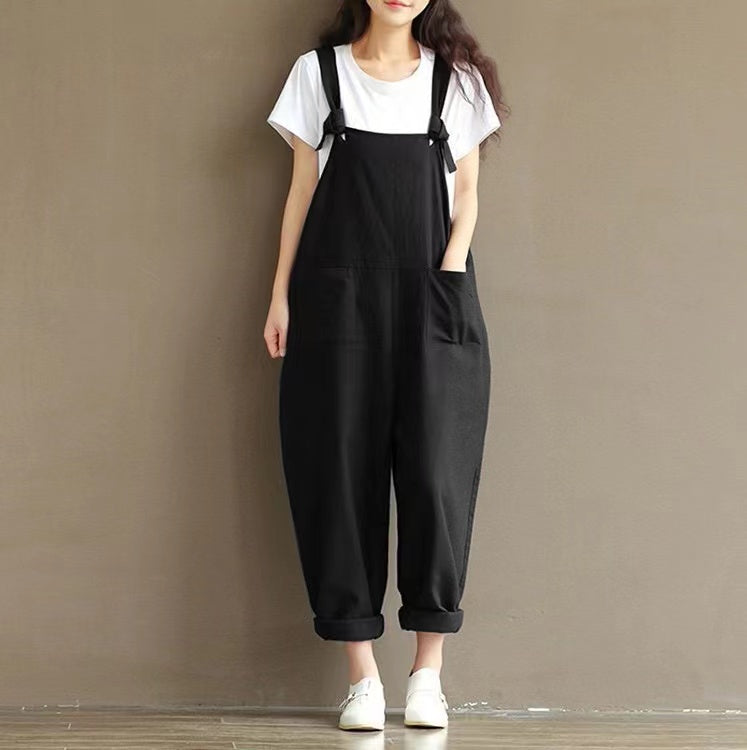Hazel Loose Knot Tie Cotton Linen Vintage Overalls Bottoms Claire & Clara Black US 4