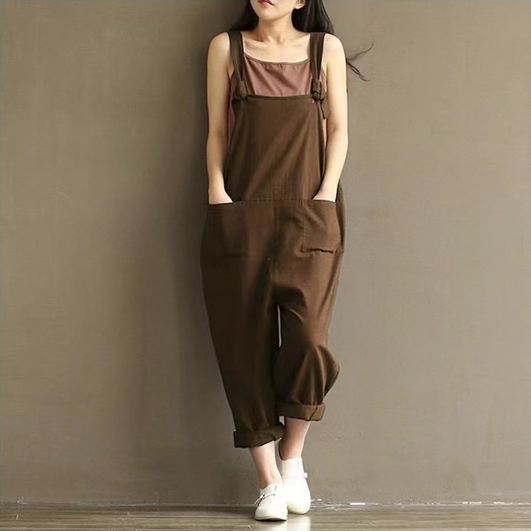 Hazel Loose Knot Tie Cotton Linen Vintage Overalls Bottoms Claire & Clara Brown US 4
