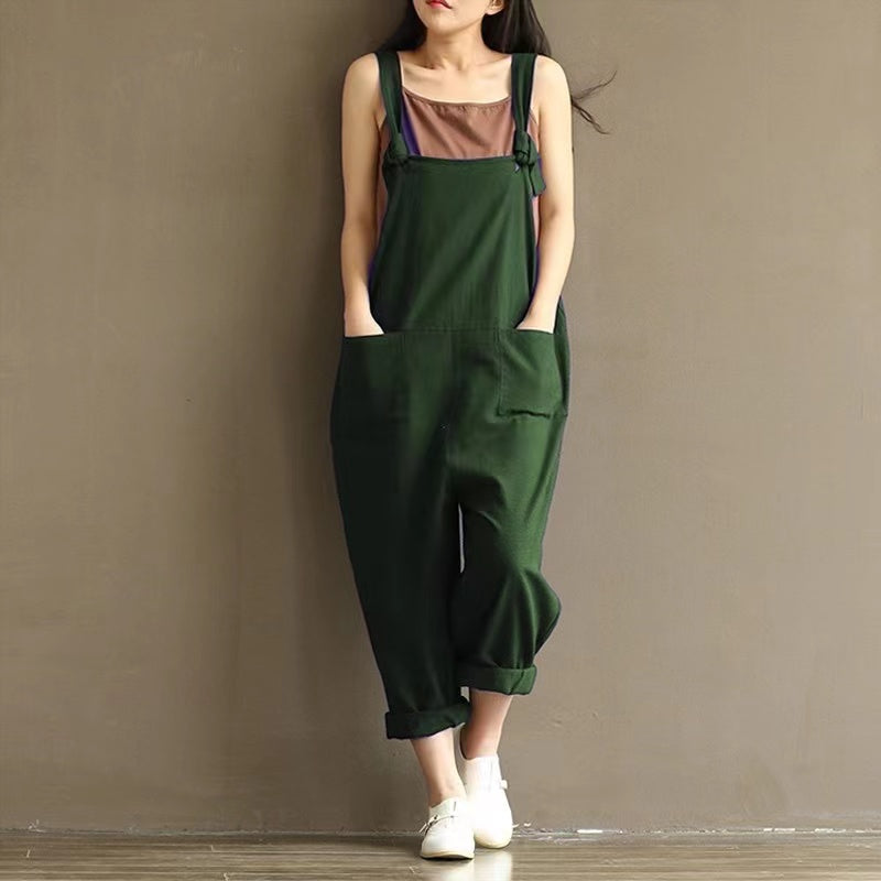 Hazel Loose Knot Tie Cotton Linen Vintage Overalls Bottoms Claire & Clara Green US 4