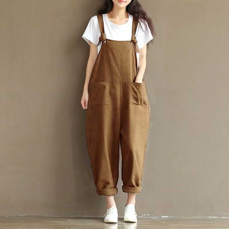 Hazel Loose Knot Tie Cotton Linen Vintage Overalls Bottoms Claire & Clara Khaki US 4