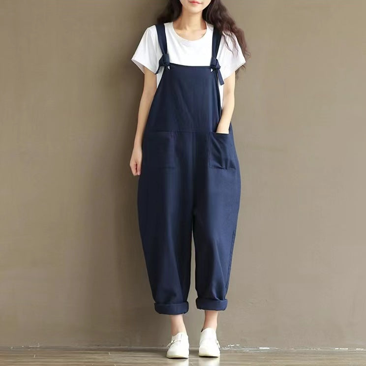 Hazel Loose Knot Tie Cotton Linen Vintage Overalls Bottoms Claire & Clara Navy US 4