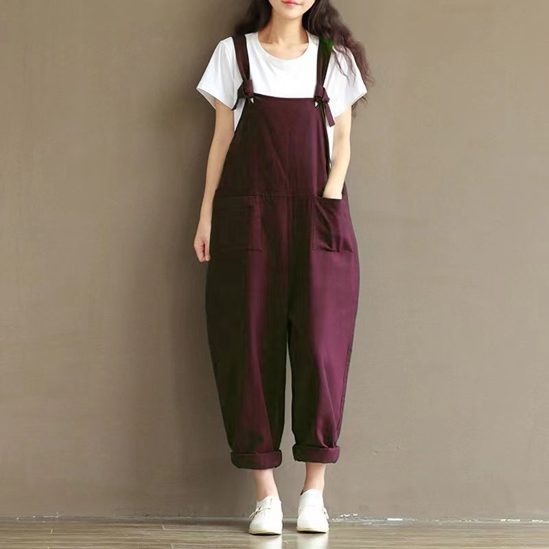 Hazel Loose Knot Tie Cotton Linen Vintage Overalls Bottoms Claire & Clara Wine US 4