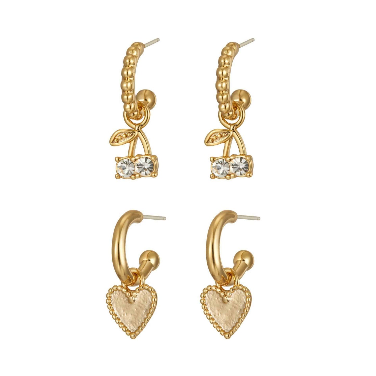Heart & Cherry Set Earrings Earrings > hoop earrings > gold hoop earrings > gold hoops > gold earrings > gold earrings for women > hoop earrings for women > heart earrings > cherry earrings > heart hoop earrings > gold heart earrings > dangling earrings > diamond dangling earrings Claire & Clara