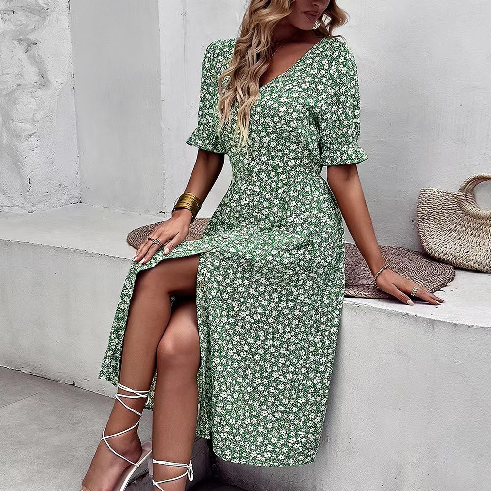 Judith Floral V-Neck Ruffle Sleeve Buttoned Dress Dresses Claire & Clara
