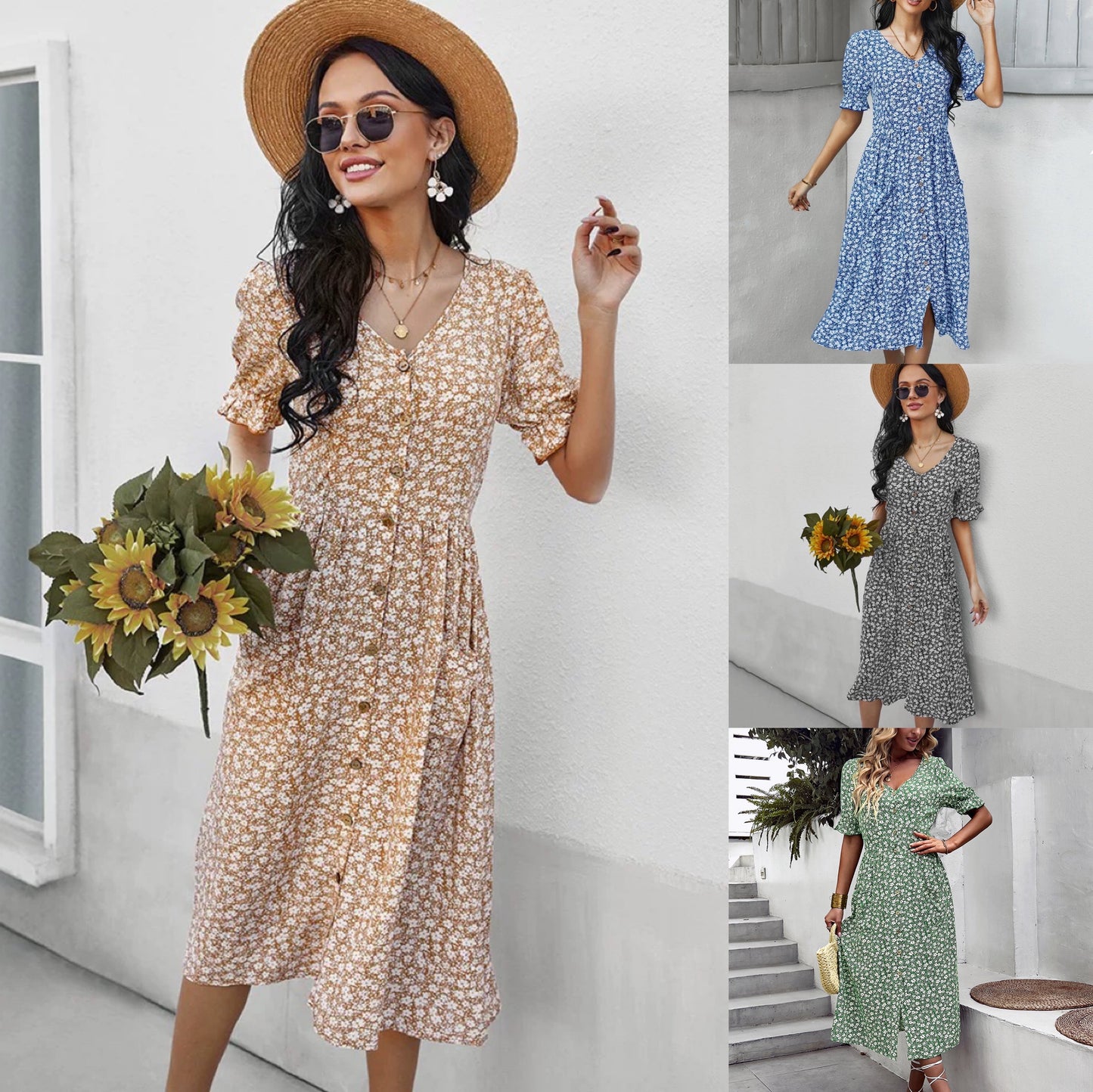 Judith Floral V-Neck Ruffle Sleeve Buttoned Dress Dresses Claire & Clara
