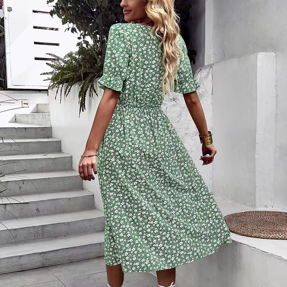 Judith Floral V-Neck Ruffle Sleeve Buttoned Dress Dresses Claire & Clara