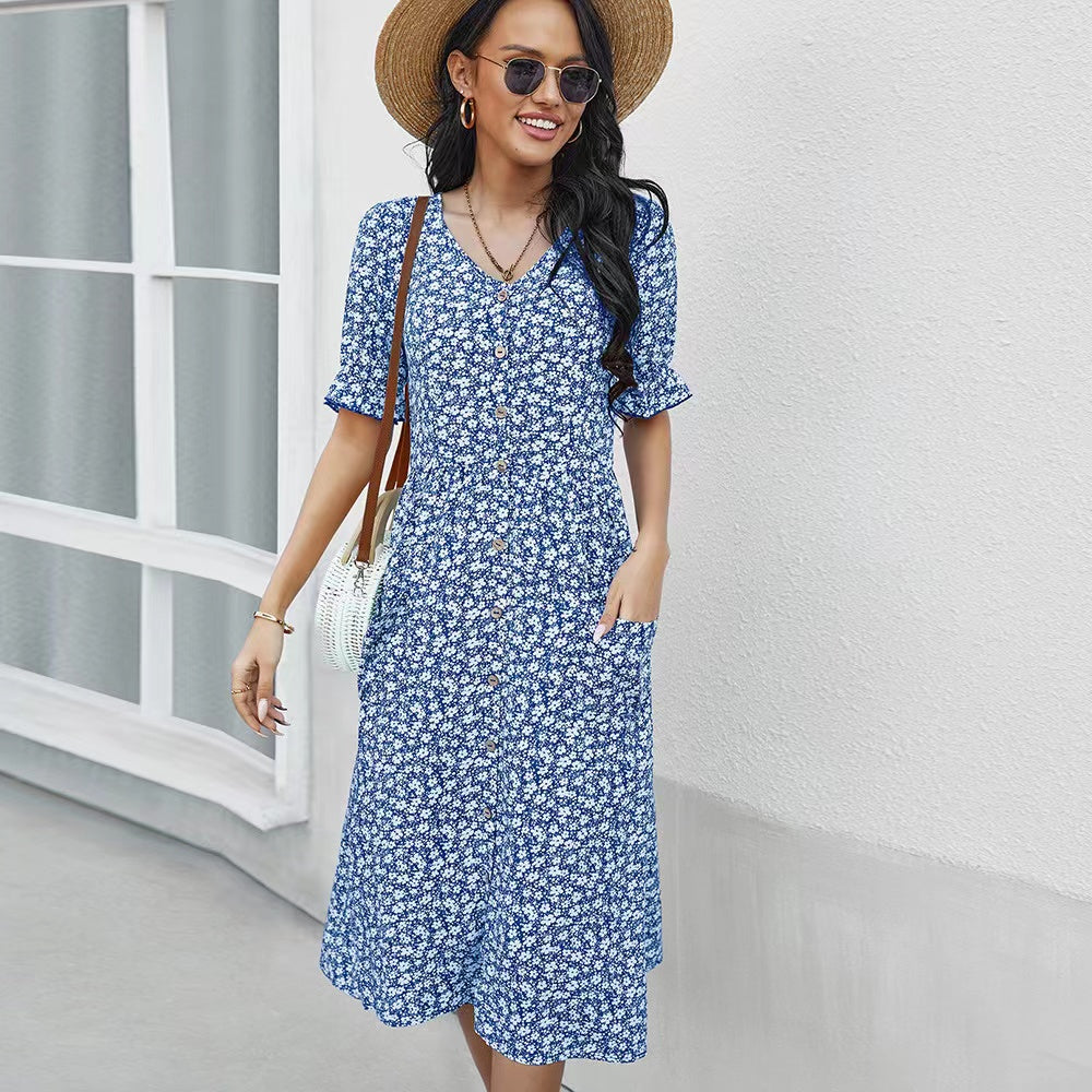 Judith Floral V-Neck Ruffle Sleeve Buttoned Dress Dresses Claire & Clara Blue S
