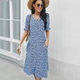 Judith Floral V-Neck Ruffle Sleeve Buttoned Dress Dresses Claire & Clara Blue S