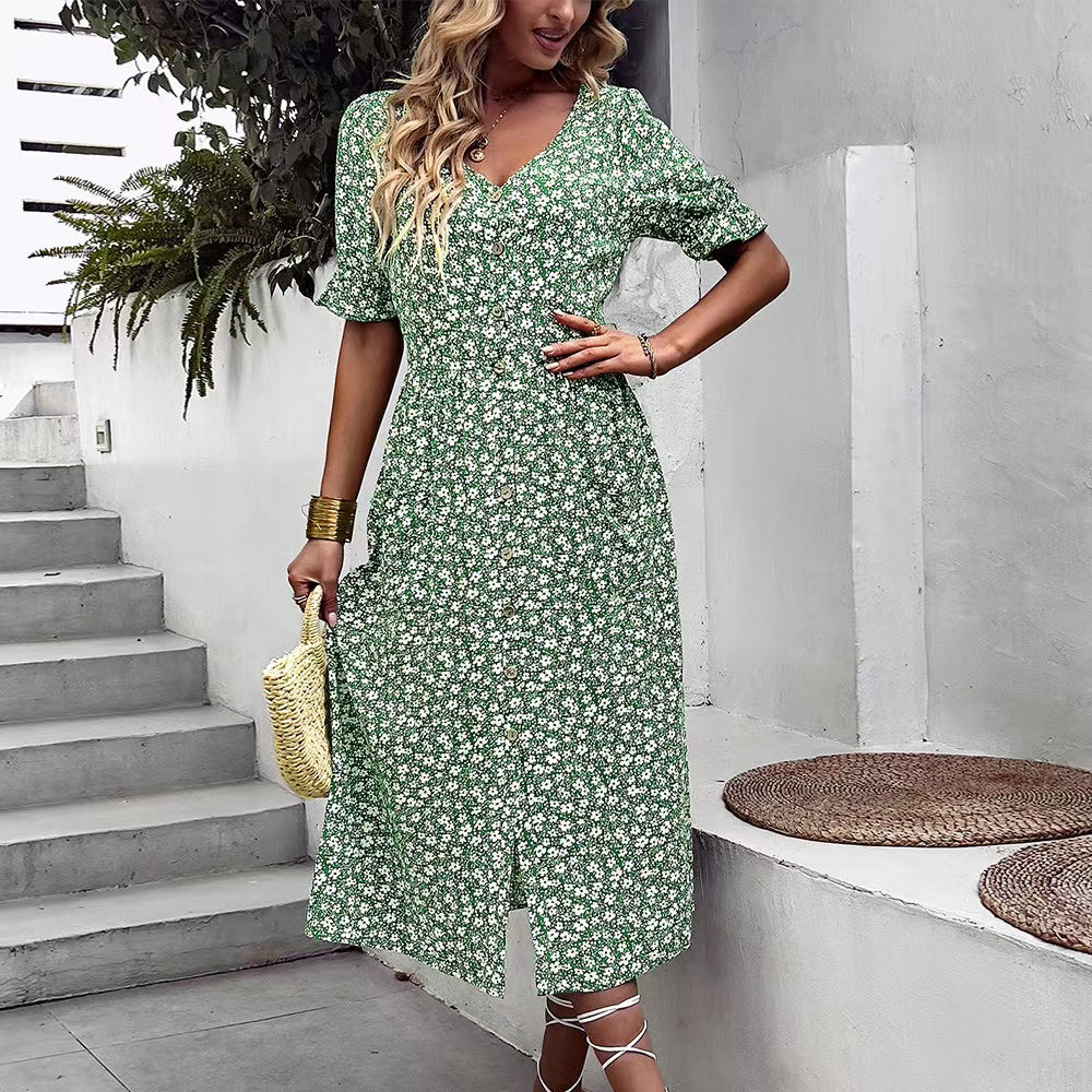 Judith Floral V-Neck Ruffle Sleeve Buttoned Dress Dresses Claire & Clara Green S