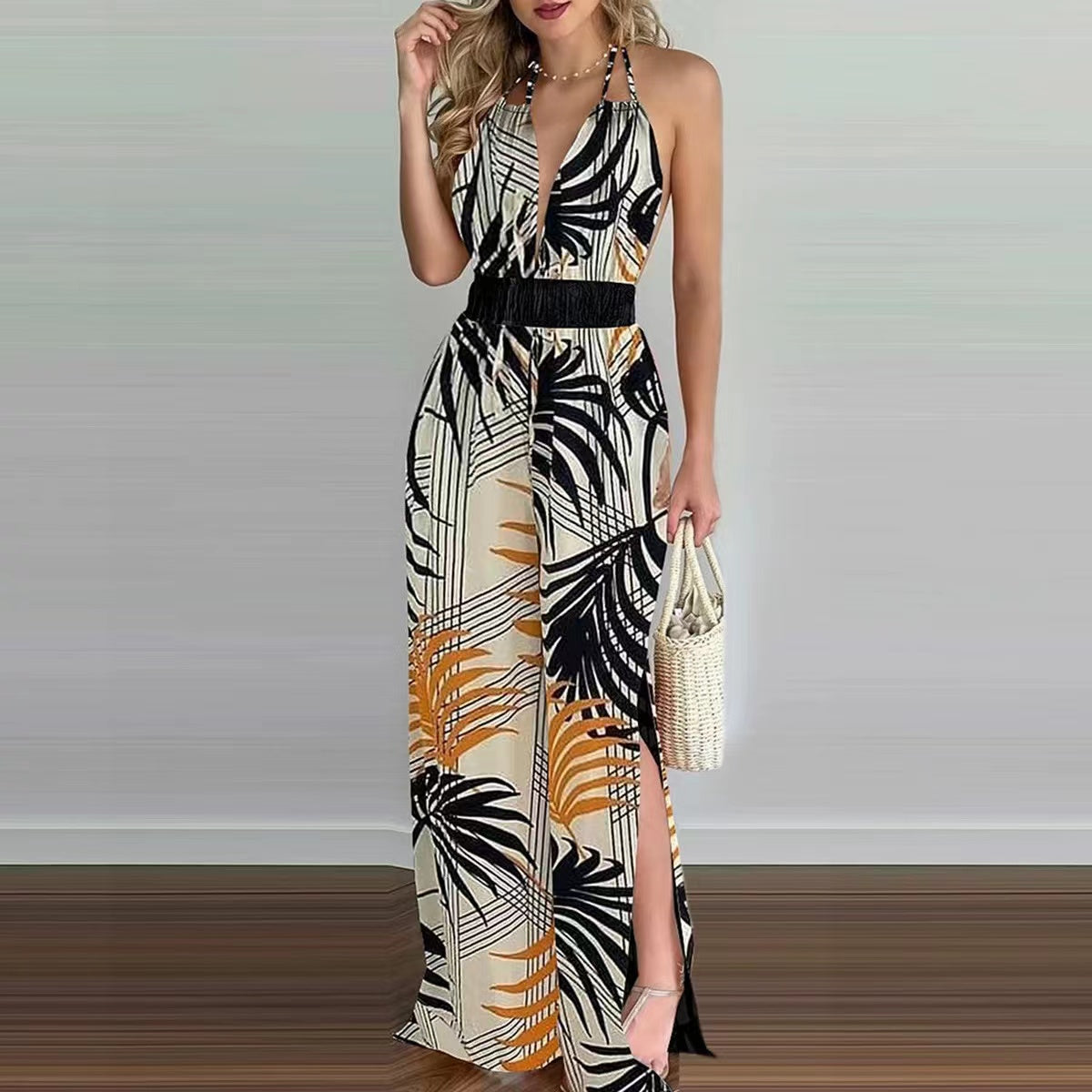 Khloe Straps V-Neck Open Back One-Piece Trousers Set Claire & Clara Khaki US 4