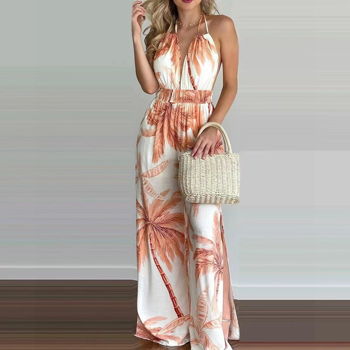 Khloe Straps V-Neck Open Back One-Piece Trousers Set Claire & Clara Orange US 4
