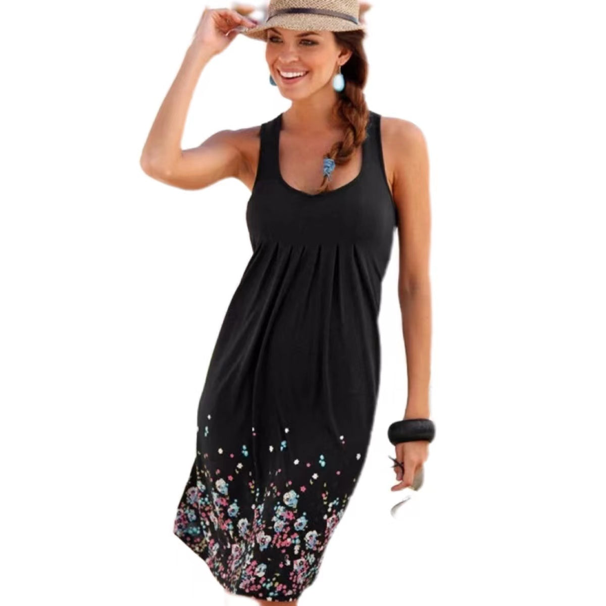 Kiki Bottom Floral Pleated Sleeveless Dress Dresses Claire & Clara Black US 4