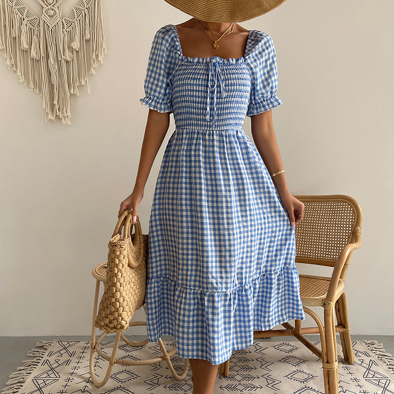 Kira Plaid Square Neck Midi Dress Dresses Claire & Clara Blue S