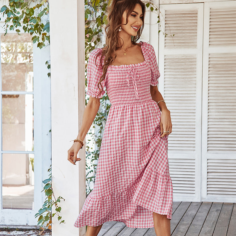 Kira Plaid Square Neck Midi Dress Dresses Claire & Clara Pink S