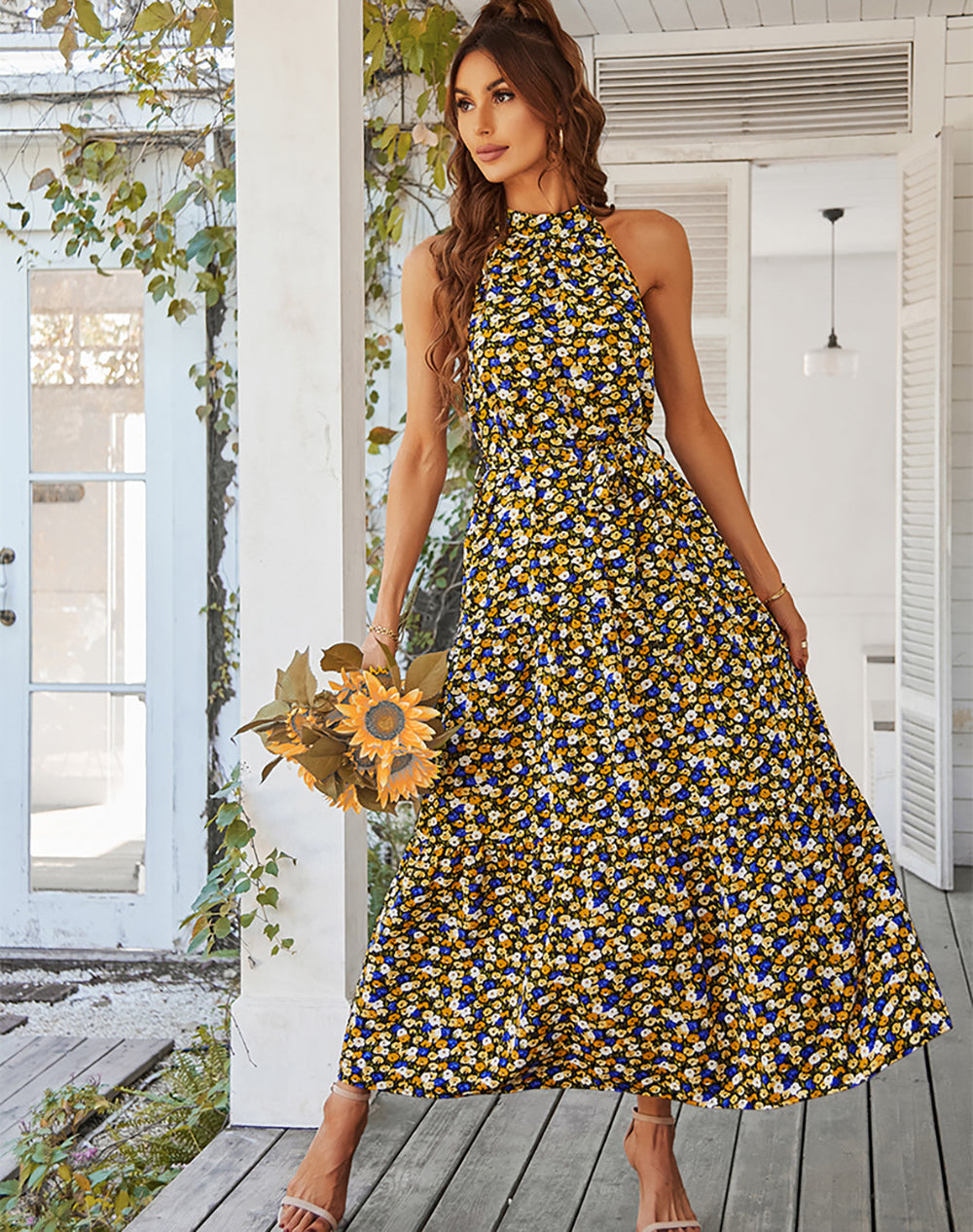 Lillian Boho Halter Neck Floral Dress Dresses Claire & Clara