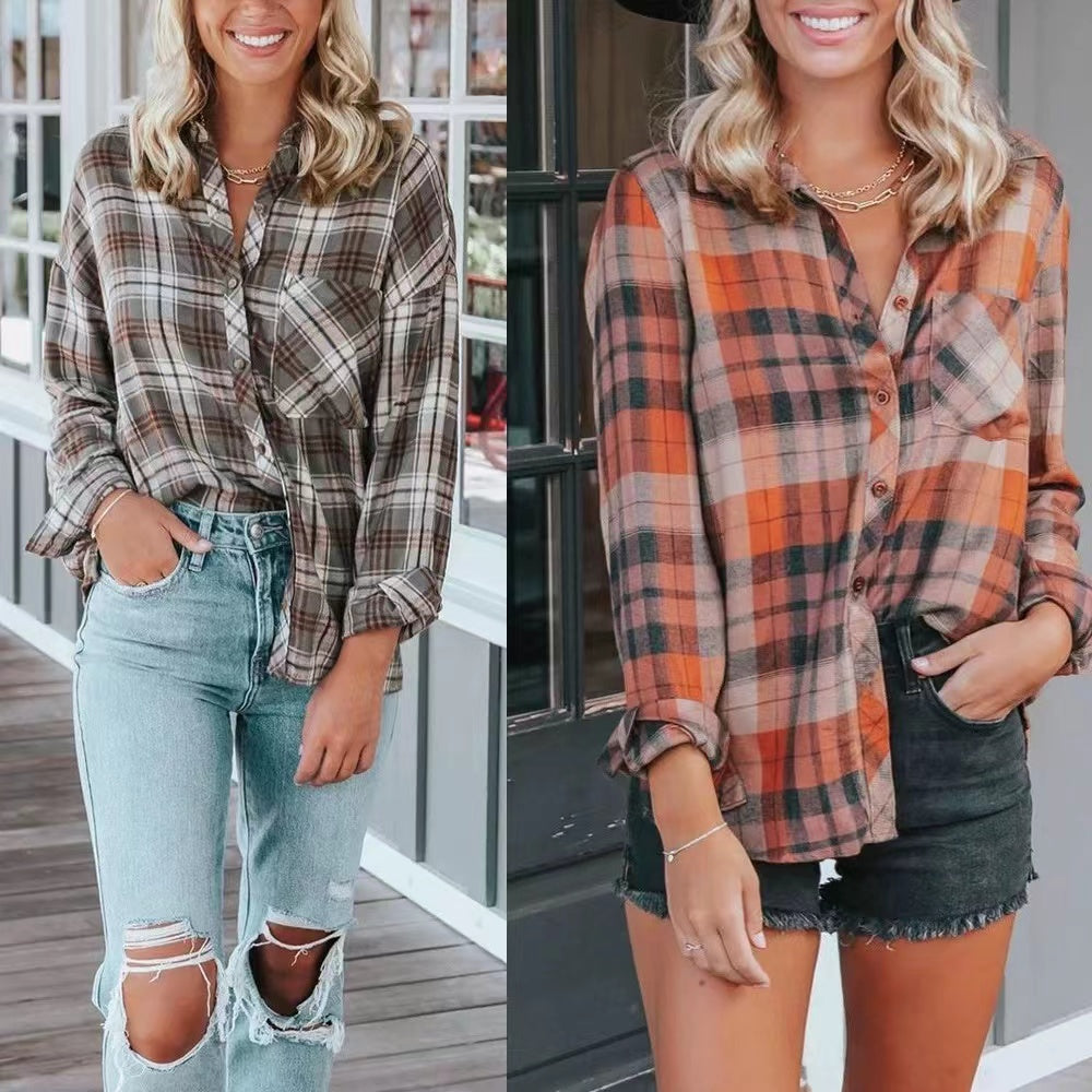 Plaid Basic Long Sleeve Casual Shirt Top Claire & Clara