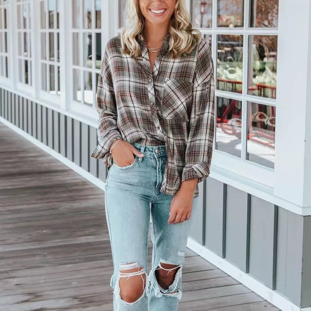 Plaid Basic Long Sleeve Casual Shirt Top Claire & Clara Green Grey S