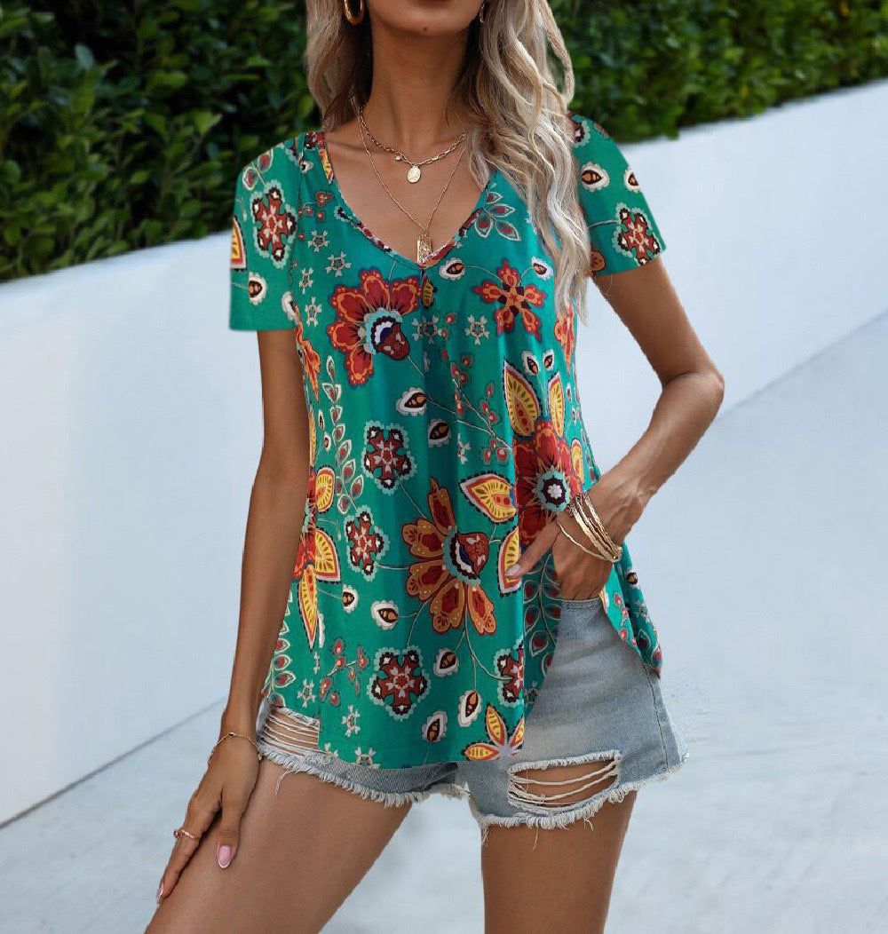 Riley V-Neck Print Short Sleeve Shirts & Tops Claire & Clara Green S
