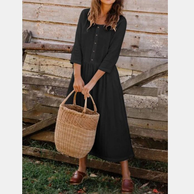 Sarah Cotton Linen Single-breasted Solid Dress Dresses Claire & Clara Black S