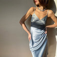 Satin Deep V-Neck Spaghetti Strap Dress Dresses Claire & Clara Light Blue S
