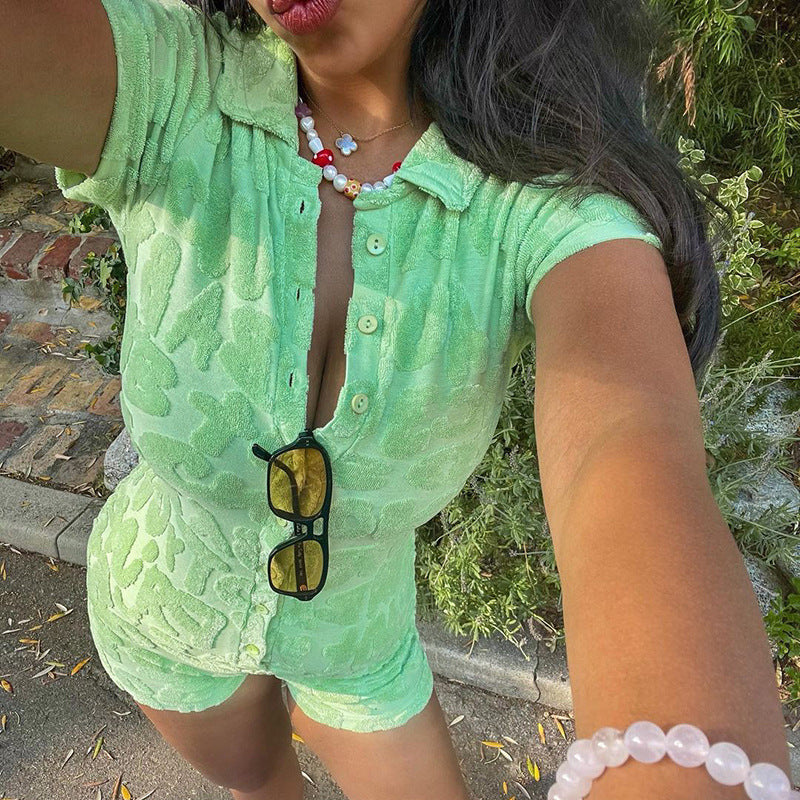 Short Sleeve V Neck Buttons Jumpsuit Jumpsuits & Rompers Claire & Clara