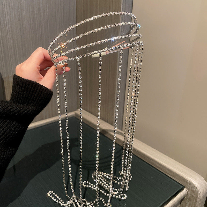 Silver Rhinestones Long Tassel Headpiece Hair Accessories Claire & Clara