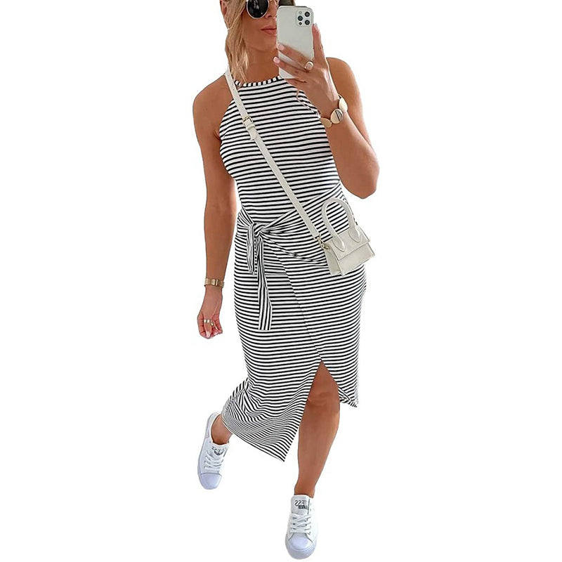 Striped Sleeveless Tie Waist Casual Dress Dresses Claire & Clara Black S