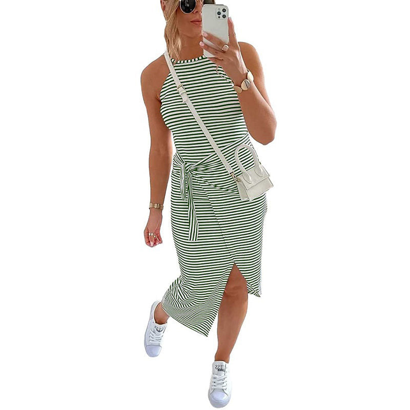 Striped Sleeveless Tie Waist Casual Dress Dresses Claire & Clara Green S