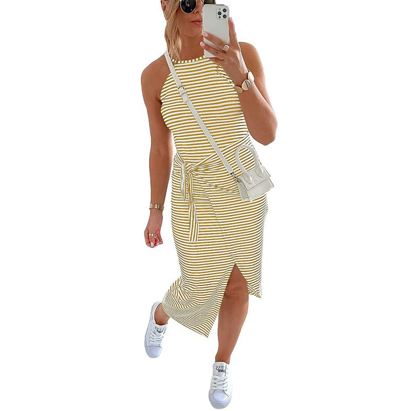 Striped Sleeveless Tie Waist Casual Dress Dresses Claire & Clara Yellow S